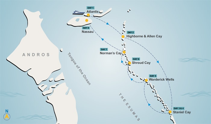 Exuma yacht charter itinerary map