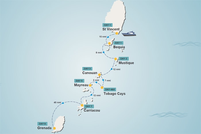 Grenadines yacht charter itinerary map